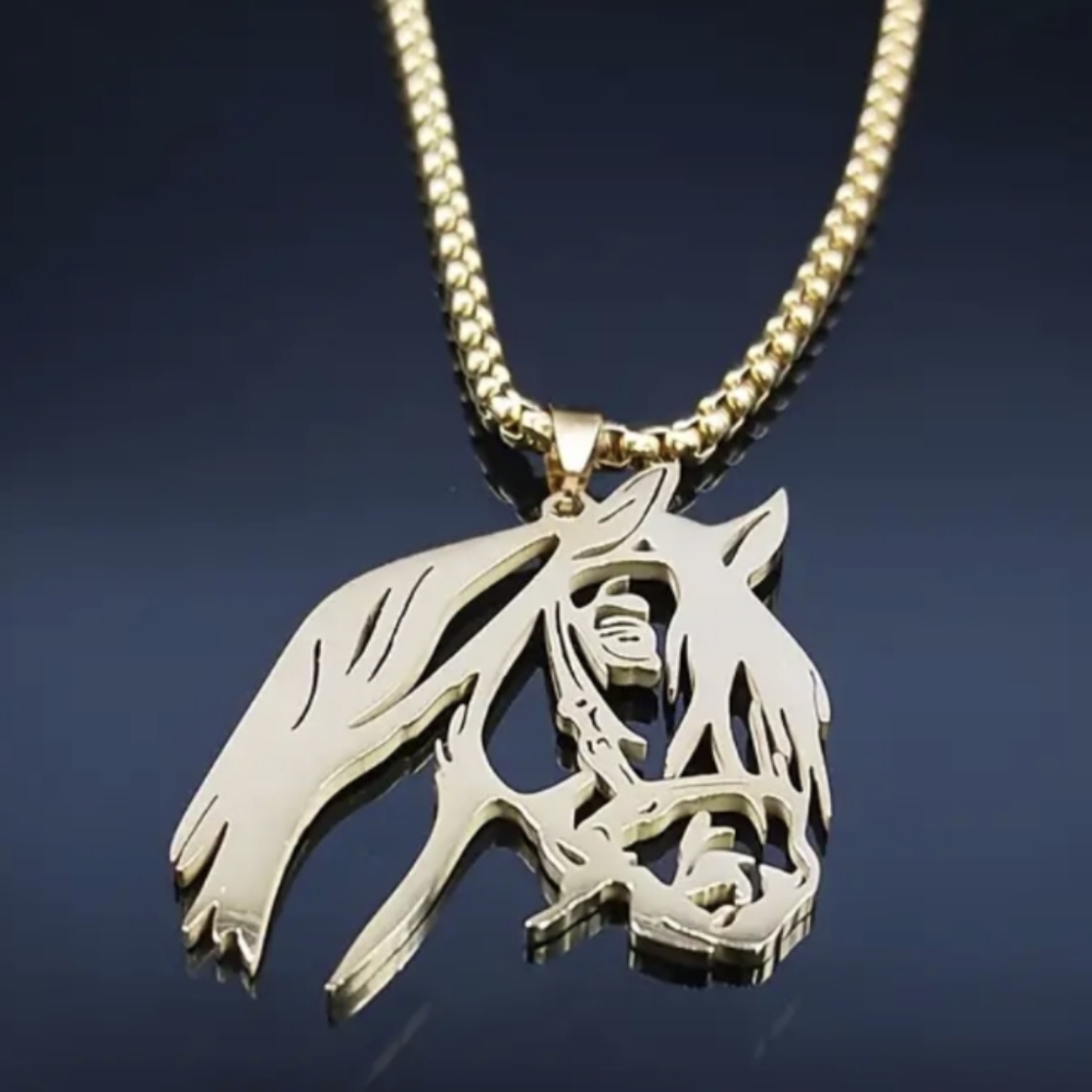 Arabian Horse Head Necklace Cut-Out Pendant Unisex Gold over Stainless Steel